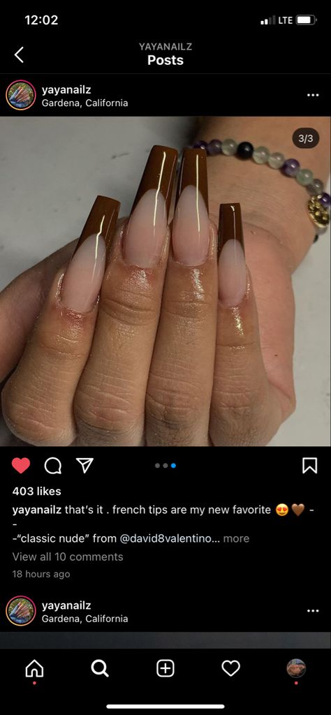 Chocolate Brown French Tip Nails, Brown Tip Acrylic Nails, Brown Baddie Nails, Brown Tip Nails, Brown Coffin Nails, Tip Acrylics, Purple Marble Nails, Brown French Tip, Baddie Era