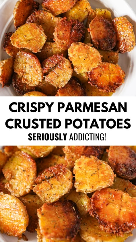 Two pictures of parmesan crusted potatoes. One overhead and one close up side angle. Pictures separated by title text in the middle. Crispy Parmesan Crusted Potatoes, Crusted Potatoes, Vegetables Dinner, Crispy Parmesan Potatoes, Parmesan Crusted Potatoes, Potatoes Crispy, Pet Recipes, Cooking Vegetarian, Parmesan Roasted Potatoes