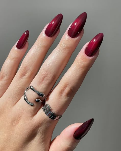 Red Purple Nails, Cherry Red Aura Nails, Red And Purple Nails, Burgundy Aura Nails, Dark Cherry Red Nails Aesthetic, Goth Burgundy Nails, Nails 2024 Burgundy, Punk Nails, Grunge Nails