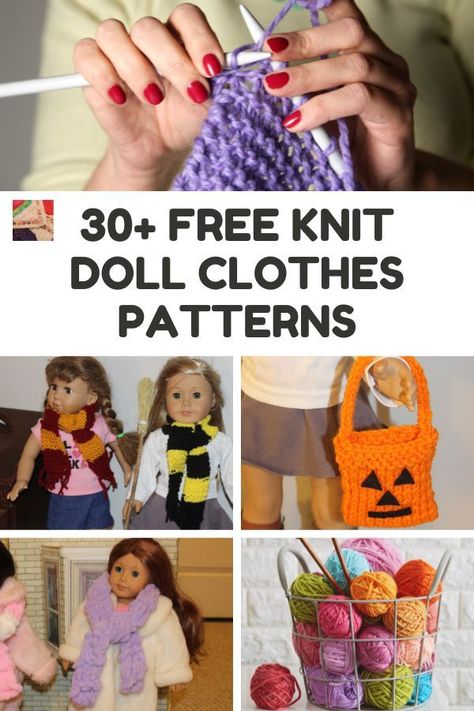 Whip up some knit doll clothes and accessories for 18 inch dolls, 12 inch fashion dolls, and even baby dolls! The knit sweater patterns are so cute! Doll Sweater Pattern, Knit Sweater Patterns, Knit Doll Clothes, Patterns For Toys, Knit Baby Doll, 12 Inch Doll Clothes, Knitted Dolls Free, Crochet Doll Clothes Free Pattern, Knitting Doll