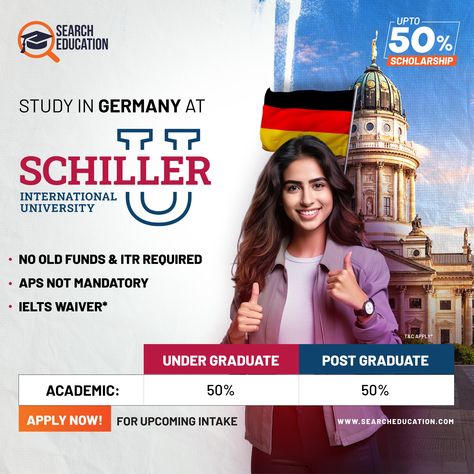 🎓 Study at Schiller International University in 🇩🇪Germany. ✅ Get scholarship upto 50%. ✅ No old funds or ITR required. ✅ APS is not mandatory. ✅ IELTS waiver. Apply now for the upcoming intake. Book your free counseling now. 📞Chandigarh: +91 798 247 0583 📞Delhi: +91 798 246 7300 #SearchEducation #studyingermany #studyingermany2024 #schilleruniversity #upcomingintake2024 #undergraduate #postgraducate #schillerinternationalunversity #StudyAbroadJourney #StudyAbroadSuccess Study In Germany, International Scholarships, International University, Chandigarh, Undergraduate, Study Abroad, Counseling, University, Germany