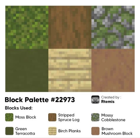 Minecraft Green Color Palette, Cottagecore Minecraft Pallet, Minecraft Cottagecore Block Palette, Minecraft Spruce Block Palette, Dark Oak Color Palette Minecraft, Building Pallets Minecraft, Spruce Pallet Minecraft, Block Pallette Ideas Minecraft, Minecraft Building Color Palette