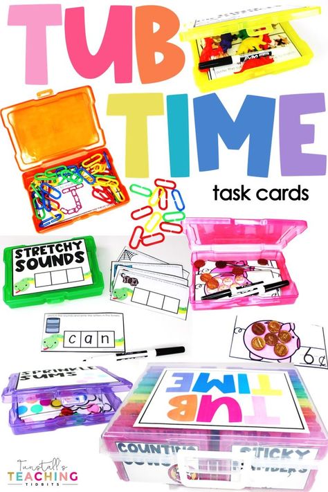 Each tub task involves math or literacy learning with a splash of fun. Here are 16 sets of simple tasks with simple materials done in a fun way. Cvc Word Task Boxes, Task Boxes For 2nd Grade, Literacy Task Boxes, Classroom Task Boxes, Task Cards Kindergarten Free Printable, Task Box Organization, First Grade Task Boxes, Elementary Task Boxes, 1st Grade Task Boxes