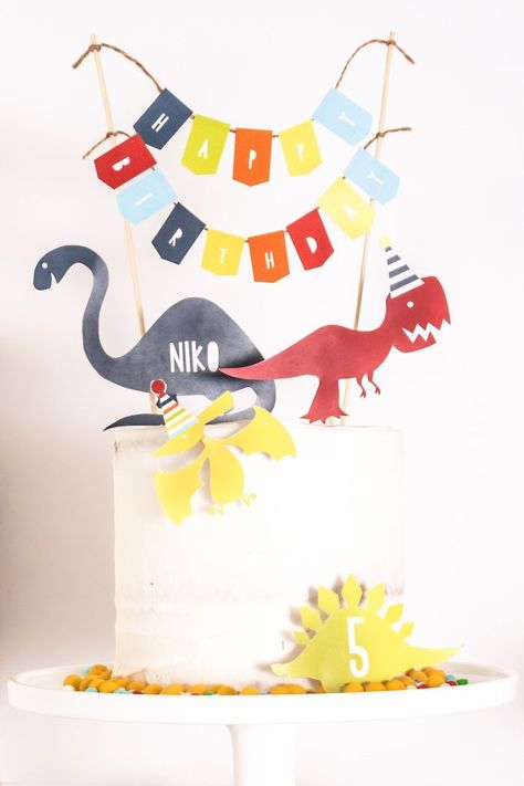 Kara's Party Ideas Dino-mite Birthday Party | Kara's Party Ideas Dinosaur Smash Cake, Dinosaur Theme Party Decorations, Dinosaur Cake Topper, Dinosaur Party Decorations, Party Dinosaur, Dinosaur Birthday Party Decorations, Dinosaur Cake Toppers, Dinosaur Birthday Cakes, Plain Cake