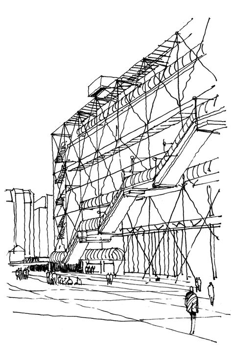 Centre Pompidou sketch, Ricard Rogers Croquis Architecture, Arch Sketch, Conceptual Sketches, Genius Loci, Architecture Sketches, Architecture Sketchbook, Architectural Sketches, Architecture Design Sketch, Renzo Piano