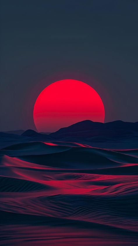 Dive into the surreal with this art piece, capturing an oversized red sun setting behind silhouetted dunes. The vibrant colors challenge reality, inviting contemplation. Save & follow for more visual escapes. Explore the intersection of dream and landscape. #ArtPrint #SurrealLandscape #RedSun #SaveAndFollow #ImagePrompt #AIimage Sunset Red, City Scape Art, Red Landscape, Sun Set Painting, Sunrise Colors, Iphone Dynamic Wallpaper, Red Sunset, Red Sun, Abstract Digital Art