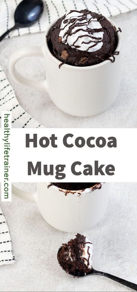 Hot Cocoa Mug Cake is one of the most delicious and luscious desserts you will ever get to have during the holiday season. This mug cake recipe takes your favorite simple hot chocolate beverage one step further by changing it into a delightful and decadent cake, complete with whipped cream and chocolate sauce on top. #hotcocoamugcake #mugcake Hot Cocoa Mug Cake, Cocoa Mug Cake, Hot Chocolate Mug Cake, In A Mug Recipes, Sourdough Desserts, Hot Chocolate Brownies, Microwave Cake, Cocoa Cake, Brownie In A Mug