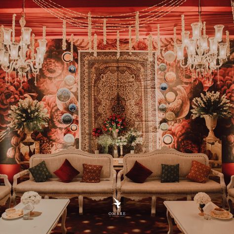 Royal Theme decor done for a Sangeet night inspired by Sabyasachi's aesthetics Red Theme Sangeet Decor, Sabyasachi Theme Decor, Sabyasachi Wedding Decor, Sufi Theme Decor, Sabyasachi Decor, Sabyasachi Aesthetic, Cowboy Wedding Theme, Enchanted Wedding Decor, Wedding Guest Seating