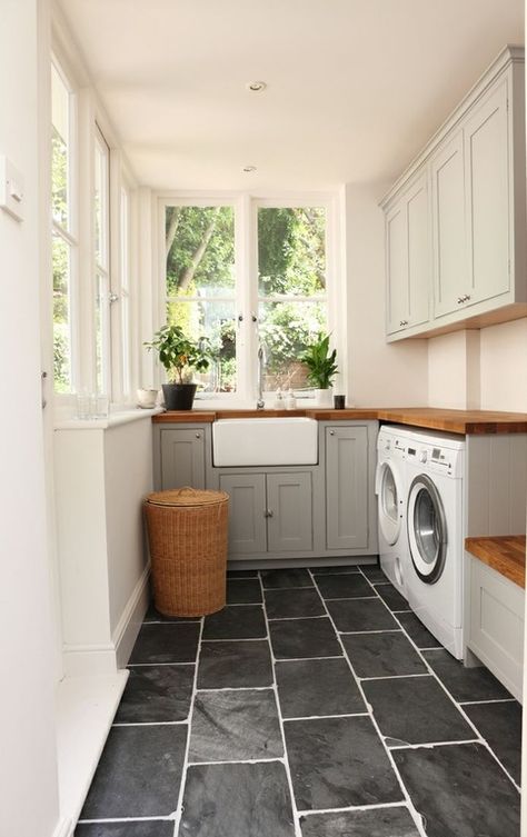 Traditional Laundry Room with Williamsburg Butcher Block Co. 1-1/2" x 36" x 6' Builder Oak Island Top, Built-in bookshelf Modern Farmhouse Laundry Room, Traditional Laundry Room, Laundry Room Tile, Laundry Room/mud Room, Dream Laundry Room, Mudroom Laundry Room, Farmhouse Laundry, Tile Remodel, Farmhouse Laundry Room