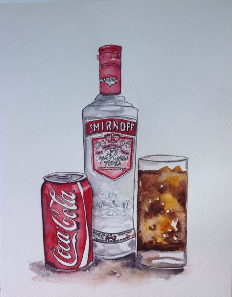 Watercolour on paper by Sheila Horrocks Vodka Bottle Drawing, Smirnoff Bottle, Smirnoff Vodka, Bottle Drawing, Watercolor Portrait Painting, Gin Bar, Fruit Picture, Drawings Ideas, Watercolor Food