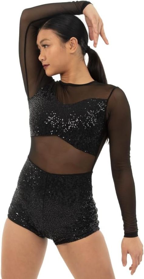 Amazon.com: Alexandra Collection Black Long Sleeve Sequin Mesh Biketard : Clothing, Shoes & Jewelry Black Dance Outfit, Black Dance Costumes, Jazz Outfits, Pretty Dance Costumes, Dance Outfits Practice, Jazz Costumes, Dance Outfit, Practice Outfits, Long Sleeve Sequin