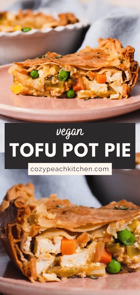 This savory vegan pot pie is a great vegan comfort food recipe that everyone will love! The savory pie filling is easy to make and filled with healthy tofu and veggies. #comfortfood #fallrecipes #vegan #piecrust #vegetarian #tofurecipes #tofu Savory Pie Filling, Tofu Pot Pie, Vegan Chicken Pot Pie, Vegan Pot Pie, Tofu And Veggies, Vegan Diner, Monday Meals, Easy Tofu, Vegetarian Pot Pie