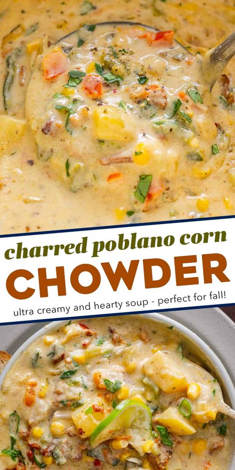 This poblano corn chowder is ultra creamy, hearty, and rich, with a subtle smokiness from the charred poblano peppers. Made easily on the stovetop, with no fancy equipment, it’s perfect for game day, tailgating, or a comforting night in. Poblano Corn Chowder, Poblano Corn, Easy Dinner Desserts, The Chunky Chef, Chunky Chef, The Best Soup, Soup And Stew Recipes, Corn Chowder Recipe, Chef Dinner