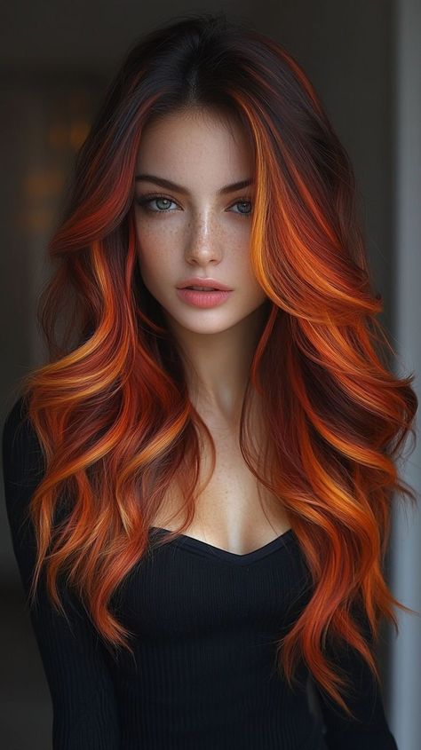 Flame Hair Color, Orange Hair Bright, Bright Copper Hair, Dark Hair Shades, Hair Colors For Dark Hair, Fall Hair Colors Dark, Pumpkin Spice Hair, Hair Colors Dark, Flame Hair