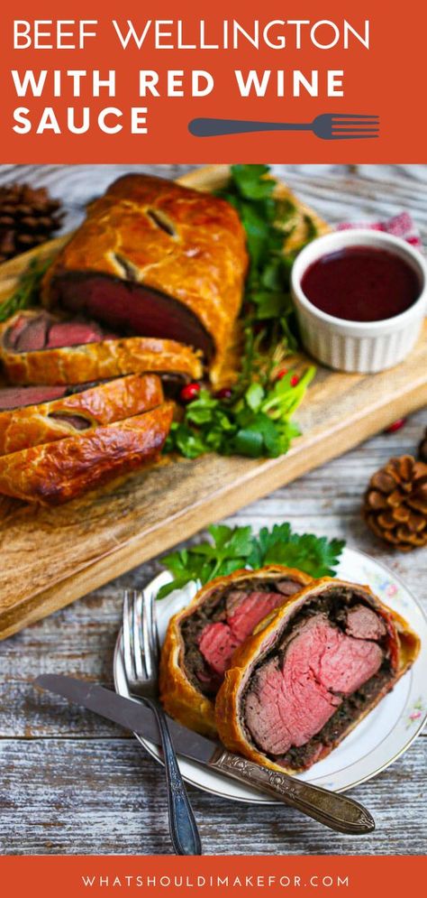 A perfect beef wellington recipe with red wine sauce that will rival Gordon Ramsay! Made with puff pastry and mushroom, this is ideal for a fancy holiday meal and will wow! #whatshouldimakefor #beefwellington #wellington #beef #chrismasdinner #holidayfood #newyearsmenu Beef Wellington Sauce, Gordon Ramsey Beef Wellington, Recipe With Red Wine, Gordon Ramsay Beef Wellington, Gordon Ramsey Recipes, Wellington Recipe, Red Wine Recipe, Gordon Ramsay Recipe, Beef Wellington Recipe