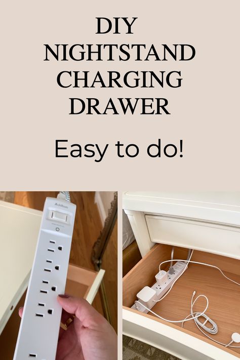 Charging Drawer, Nightstand Charging, Nightstand Alternative, Diy Bedside Table, Nightstand Charging Station, Bedroom Lamps Nightstand, Hiding Ugly, Hide Cords, Nightstand Organization