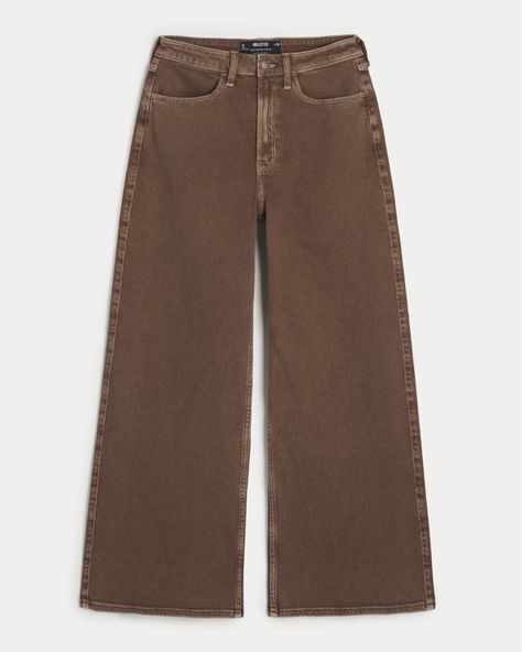 Women's Ultra High-Rise Brown Wide Leg Jeans | Women's Clearance | HollisterCo.com Wide Leg Brown Jeans, Brown Wide Leg Jeans, Light Brown Jeans, Comfy Jeans, Brown Jeans, Women's Bottoms, Comfortable Jeans, Gauze Fabric, Babydoll Top