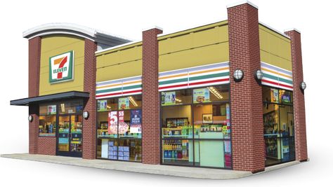 7-11 7/11 Convenience Store, City Grocery Store Exterior, Modern Grocery Store Design Exterior, Bloxburg Mall Stores, Convenience Store Exterior Design, Grocery Store Exterior Design, Minecraft Supermarket Ideas, Korean Convenience Store Exterior, Grocery Store Architecture