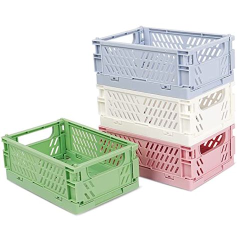 Stackable Baskets Organizers, Colorful Baskets For Storage, Mini Drawers For Desk, Stackable Drawer Organizers, Cute Organizers For Room, Cute Crates, Pastel Crates, Cute Drawers, Foldable Crates