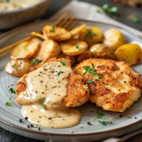 Chicken Escalopes with Mustard Sauce) This classic French dish features tender chicken escalopes served with a rich and creamy mustard sauce. Paired with crispy potatoes, it's a perfect meal for a cozy dinner. Ingredients: For the Chicken Escalopes: 4 chicken breast fillets 1 cup (120g) all-purpose flour 2 large eggs, beaten 1 cup (100g) breadcrumbs Salt and pepper, to taste 2 tablespoons olive oil 2 tablespoons butter For the Mustard Sauce: 1 cup (240ml) chicken broth 1/2 cup (120ml) hea... Chicken Escalope, Birthday Preparation, Whole Grain Mustard, Dinner Ingredients, Creamy Mustard Sauce, Chicken Fillet, Cooked Chicken Recipes, Classic French Dishes, Chicken Breast Fillet