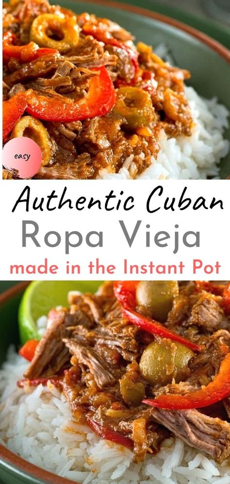 Try my quick and easy Instant Pot Version of an authentic Cuban recipe for Ropa Vieja with tender beef braised in a rich tomato base with onions, peppers, olives, raisins and capers. Tastes best served with plantains and rice. Dairy-free, low carb & Gluten-free Instant Pot Cuban Pork, Ropa Vieja Recipe, Beef Braised, Cuban Recipe, Office Lunches, Cuban Pork, Light Dinners, Cuban Dishes, Healthy Meal Prep Recipes