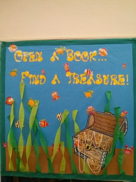 Our bulletin board turned out AWESOME! Thanks Cindy!! The Library at SIA: The Under the Sea Reading Incentive Program is coming!!! Pirate Bulletin Boards, Sea Bulletin Board, Pirate Classroom, Reading Display, Reading Incentives, Scholastic Book Fair, Ocean Theme Classroom, Reading Bulletin Boards, Library Themes