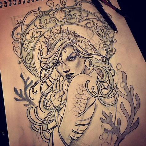 Mermaid Portrait Tattoo, Amphitrite Tattoo, Neo Traditional Mermaid, Underwater Sleeve, Portraits Tattoo, Ocean Tattoo, Goddess Tattoo, Ocean Tattoos, Greek Myth