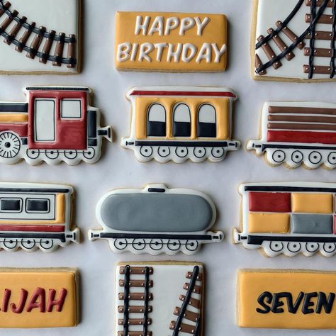 Train Cookies Decorated, Train Birthday Cookies, Train Sugar Cookies, Train Birthday Cupcakes, Train Theme Birthday Party, Train Cookies, Cookies Birthday, Train Theme, 2 Birthday Cake