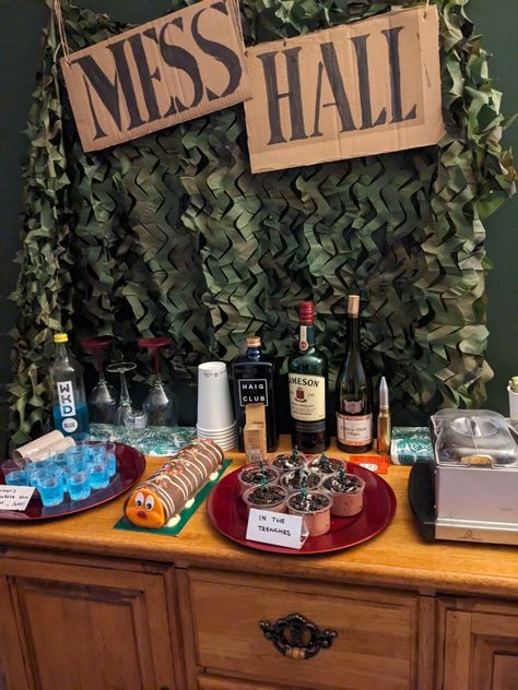 Army party WW2 theme 1940's Mess Hall Party ideas Wwii Birthday Party Ideas, 1940s Uso Party, Ww2 Themed Party, Hall Party Ideas, Army Farewell Party Ideas, Uso Party, 1940s Party, Bon Voyage Party, Leaving Party