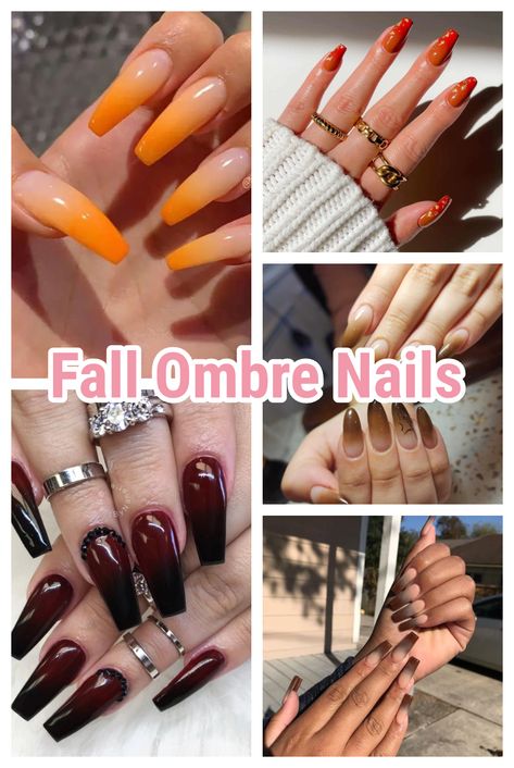 Fall Ombre Nails Halloween Ombre Nails Acrylic, November Ombre Nails, Fall Color Ombre Nails, Fall Ombre Gel Nails, Fall Ombre Nails Ideas Autumn, Ombre Nails Designs Ideas, Ombre Coffin Nail Ideas, Burnt Orange Ombre Nails, Ombre Fall Nails Acrylic