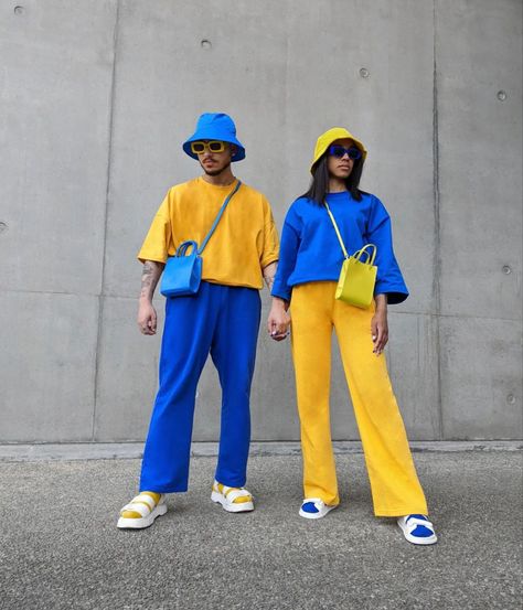 Colorblock Outfits Men, Bold Color Combos, Orange Outfit Color Combos, Color Blocking Outfits Street Style, Vibrant Color Outfit, Colorful Fashion Men, Yellow Blue Outfit, Bright Yellow Outfit, Colour Blocking Outfit