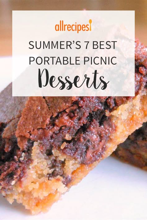 Summer's 7 Best Portable Picnic Desserts | "Bringing just the right dessert to a picnic can be a little tricky. You want it to be easy enough to transport without spilling or getting smooshed, it should be simple to serve without a lot of fuss, and it should look good enough to make your picnic feel like a party. These top-rated desserts are all that and more." #allrecipes #potluckrecipes #partydishes #partyappetizers #cookoutrecipes #cookoutdishes #picnicfood #picnicideas Summer Picnic Food Ideas Desserts, Summer Picnic Dessert Ideas, Picnic Baking Ideas, Dessert Picnic Ideas, Picnic Bars, Best Desserts For Picnic, Best Dessert To Bring To A Bbq, Desserts Picnic, Picnic Cakes Ideas