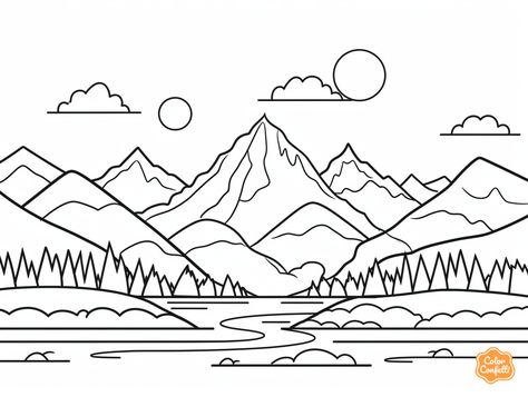 illustration of Landform scenes for children Landforms Coloring Pages, Valley Drawing, Mountain Coloring Pages, Mountain Valley Drawing, Simple Landscape Coloring Pages, Mountains Coloring Pages, Nature Walk Coloring Page, Hiking Coloring Pages, Mountain Scene Coloring Pages