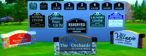 Apartment Building Signs CC (TS4) | Patreon Ts4 Patreon, Sims 4 Apartment, Subdivision Entrance, Neighborhood Signs, Building Signs, Entrance Sign, Swimming Workout, Sims House, Sims 4 Mods