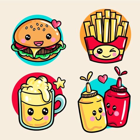 Kawaii food collection Premium Vector | Premium Vector #Freepik #vector #hand #hand-drawn #cute #smile Cute Food Drawings Cartoons, Cute Stickers Drawings, Kawaii Art Cute Food, Cartoon Food Drawings, Kawaii Food Drawings, Kawaii Food Stickers, Doodles Kawaii, Cute Cartoon Food, Cartoon Cookie