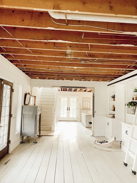 Why we tore out our ceilings 3 Kitchen Exposed Ceiling, Exposing Ceiling Beams, Wood Exposed Ceiling, Painted Joist Ceiling, Open Wood Ceiling, Ceiling Support Beam Ideas, Low Ceiling Beam Ideas, Exposed Ceiling Rafters, Exposing Ceiling Joists