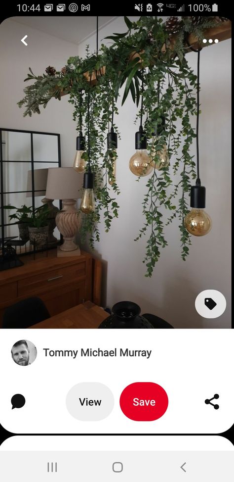 Diy Plant Lamp, Chandelier With Plants, Ceiling Light Inspiration, Decor Plants, Dining Room Makeover, Artificial Leaf, Hanging Ceiling Lights, Plant Lighting, Wooden Beams