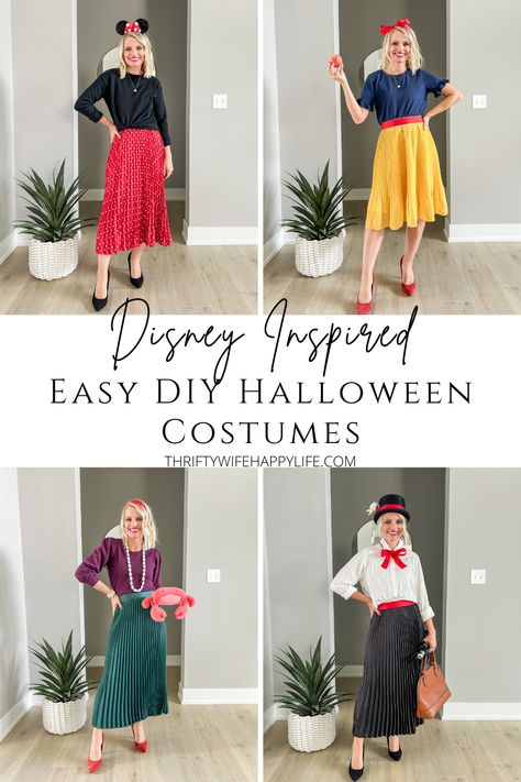 4 Disney inspired easy DIY Halloween costumes Disney Pixar Dress Up Ideas, Fairy Tale Costumes Diy, Easy Disney Inspired Outfits, Women Princess Costumes Diy, Magical Costume Ideas, 2024 Costumes Ideas, Diy Disney Costumes For Adults, Diy Fairy Tale Costumes For Women, Easy Diy Princess Costume