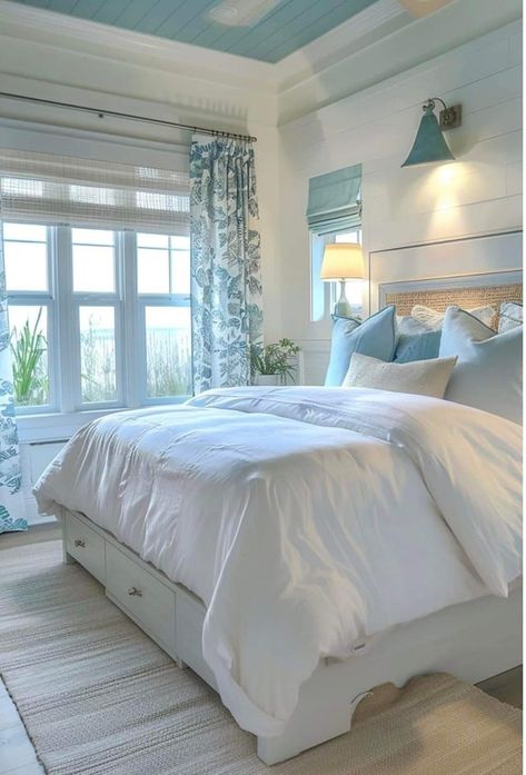 Bedroom Colors Santorini Bedroom, Coastal Grandson, Beach Inspired Bedroom, Costal Bedroom, Surf Room Decor, Beachy Room, Pretty Bedroom, Cozy Room Decor, Blue Rooms