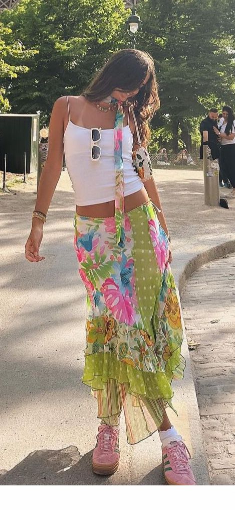 Colourful Y2k Outfits, Colorful Maximalist Outfit, Colourful Clothes Aesthetic, How To Style A Maxi Skirt, Mama Mia Style, Campy Outfit, Tropical Aesthetic Outfit, Bright Colour Outfit, Cute Cruise Outfits