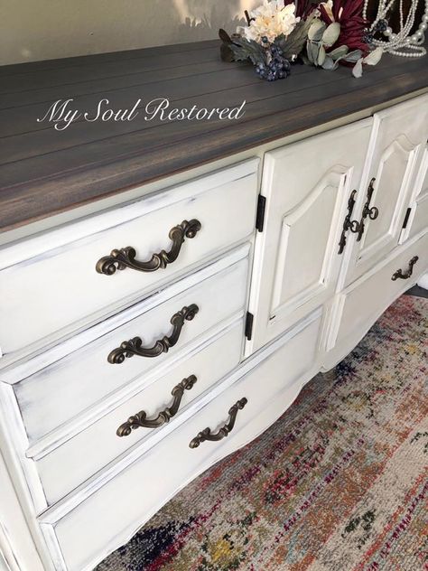 White Dresser With Stained Top, Refinished White Dresser, Gray Wash Dresser Diy, White Dresser Stained Top, Stained Top Dresser, Gray And White Dresser, Distressed White Dresser, White Farmhouse Dresser, Distressed Dresser Diy