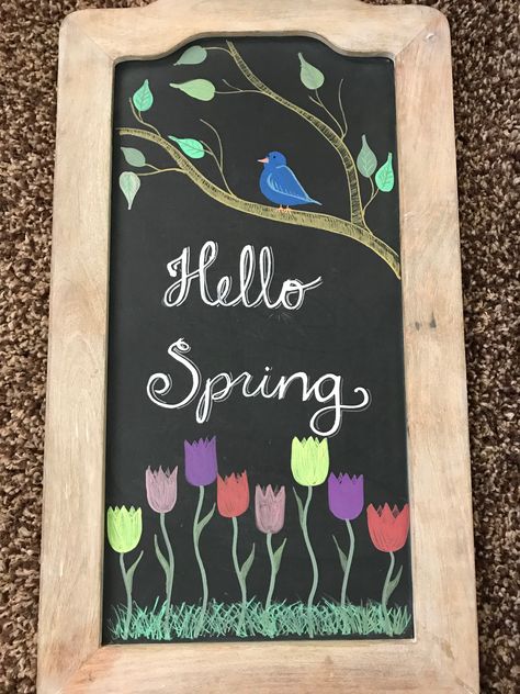 Spring chalkboard art Spring Chalk Art, Chalkboard Drawing Ideas, Spring Chalkboard Ideas, Easter Chalkboard Art, Spring Chalkboard Art, Spring Web, Chalk Markers Art, Chalkboard Crafts, Chalkboard Art Diy