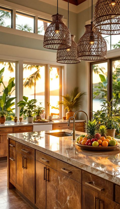 Dive into a breathtaking Hawaiian-inspired kitchen, where stunning photographic captures meet exquisite interior design. This space merges natural beauty with thoughtful design, creating a sunset-lit paradise perfect for sharing on social media. Island Vibe Decor, Hawaiian Design Interior, Hawaii Dream Home, Natural Tropical Interior Design, Tropical With Asian Influence Decor, Caribbean House Interior, Thailand House Interior, Hawaii Aesthetic Home, Hawaii Interior Design Decorating Ideas