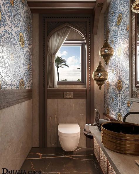 Morroco Style Interior, Marrocan Interiors Bathroom, Morracon Bathroom, Arabic Style Bathroom, Turkish Style Bathroom, Moracan Theme Bathroom, Turkish Bathroom Design, Middle Eastern Bathroom, Arabian Bathroom