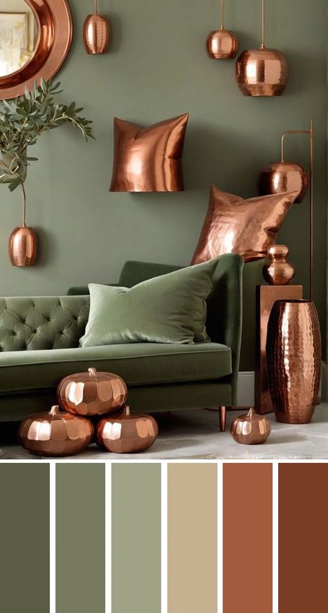 Copper Accents Living Room, Brown Living Room Paint, Olive Color Palette, Copper Dining Room, Olive Living Rooms, Terracotta Living Room, Burnt Orange Living Room, Copper Room, Copper Living Room