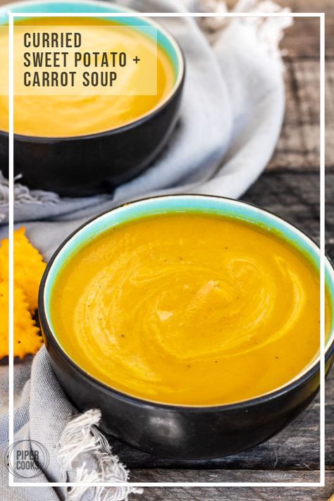 Curried Sweet Potato Carrot Soup | PiperCooks | Try this creamy, blended sweet potato and carrot soup, boldly flavored with curry, ginger, and cumin. Mellowed with a drizzle of honey and heavy cream. Made in one pot in less than 30 minutes, this comforting soup will warm up your fall and winter. #sweet #potato #carrot #curry #soup #quick #homemade #healthy #pipercooks Carrot Curry Soup, Sweet Potato And Carrot Soup, Potato And Carrot Soup, Potato Carrot Soup, Sweet Potato And Carrot, Curried Sweet Potato, Sweet Potato Carrot Soup, Sweet Potato Carrot, Soup Quick