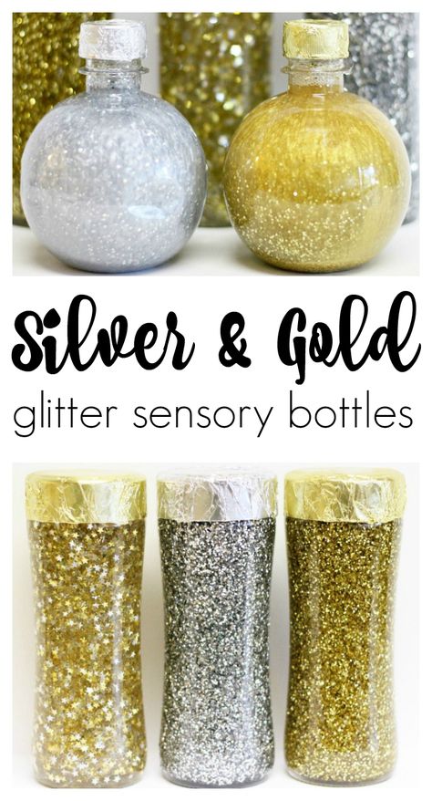 Make these gorgeous glitter sensory bottles with the kids to celebrate the new year (or any time of the year). What a fun way to explore math and science! #Sensory #SensoryBottles #Glitter #FunADay #PreK #ECE #Preschool #PreschoolTeachers #NewYears New Years Toddler Activities, Kids Crafts January, Glitter Sensory Bottles, December Preschool, Infant Crafts, Toddler Stem, Sensory Tables, Earth Activities, New Year's Eve Crafts