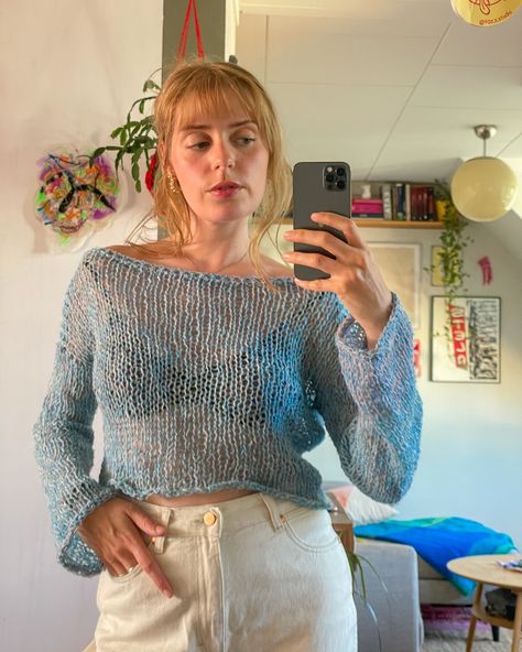 Boat neck mesh top 🩵 now up on the site Crochet Boat Neck Sweater, Knit Boat Neck Top, Winter Knit Tops With Boat Neck, Mohair Boat Neck Top, Fitted Cotton Boat Neck Top, Crochet Boat, Boat Neck Top, Boucle Yarn, Boat Neck Tops