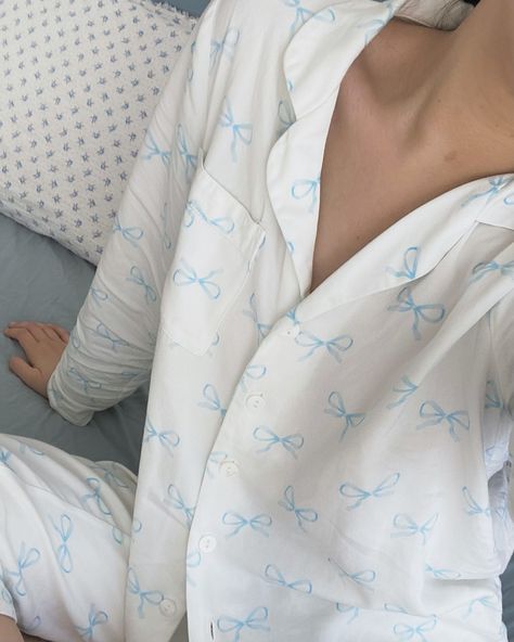 Wake up feeling cute in our Dreamy Bows set 🎀 Our Tencel PJs are so buttery soft, you’ll be lounging all day in these (and wishing you were hosting a pyjama party so you could show them off 🤭) #pyjamas #coquette #cottagecore #sleepwear Blue Pajamas Aesthetic, Pyjamas Coquette, Cute Night Suit, Cottagecore Sleepwear, Loungewear Business, Cute Night Outfits, Pajama Ideas, Cute Pyjamas, Cute Nightwear