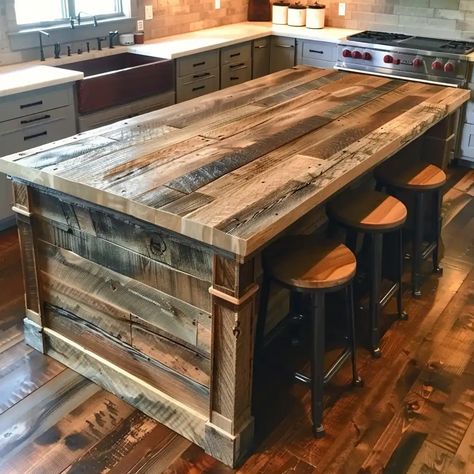 12' Kitchen Island, Rustic Wood Kitchen Island, Log Cabin Kits Prices, Rustic Kitchen Island With Seating, Rustic Kitchen Island Ideas, Island Remodel, Log Cabin Kitchen, Alaska House, Reclaimed Wood Kitchen Island